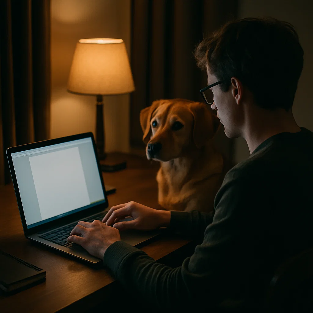 A person sitting at a desk, typing on a laptop while a golden retriever dog sits beside them, illuminated by a lamp in the background.